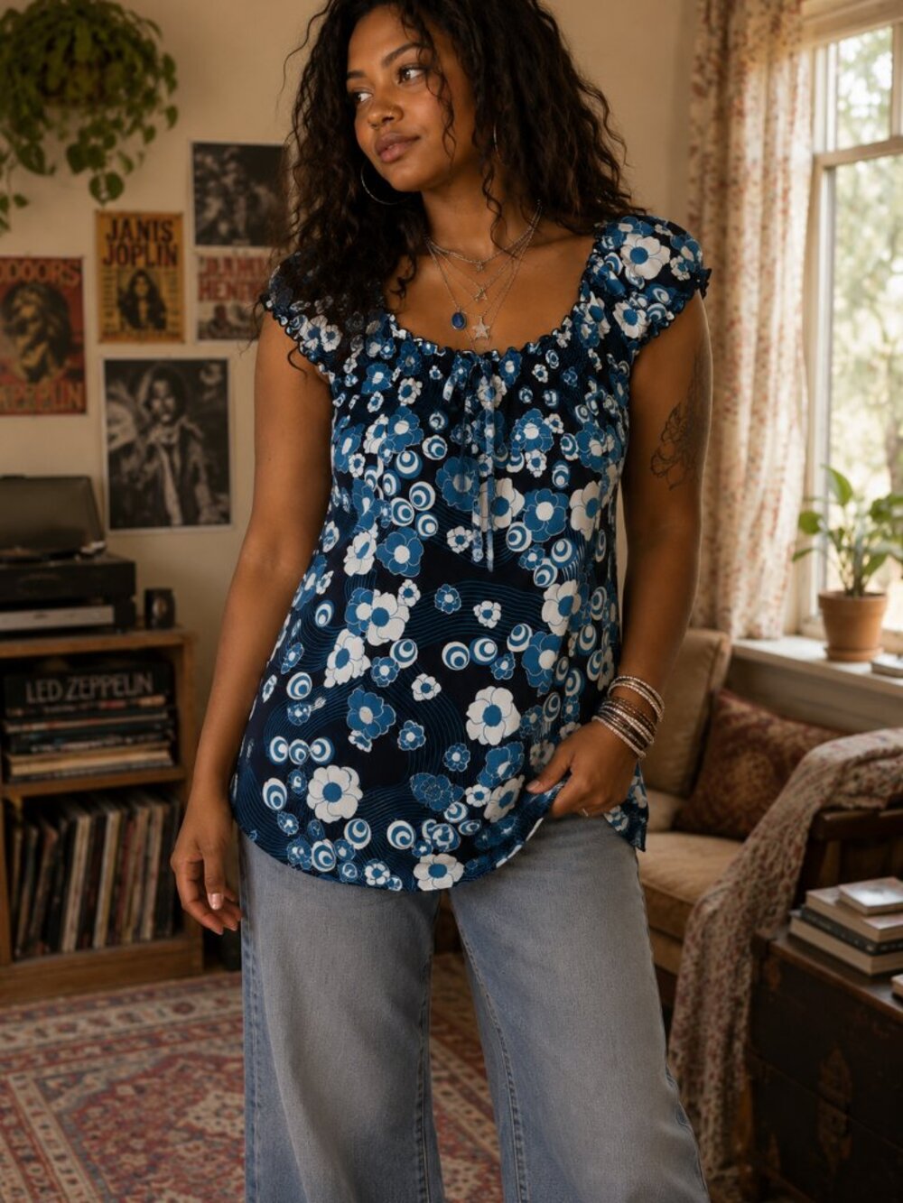 Y2K Floral Peasant Top | Blue Retro Off-the-Shoulder Blouse